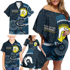 Custom AFL Carlton NAIDOC Week Family Matching Off Shoulder Short Dress and Hawaiian Shirt Keep The Fire Burning Indigenous Art