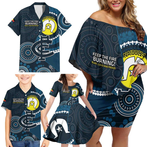 Custom AFL Carlton NAIDOC Week Family Matching Off Shoulder Short Dress and Hawaiian Shirt Keep The Fire Burning Indigenous Art
