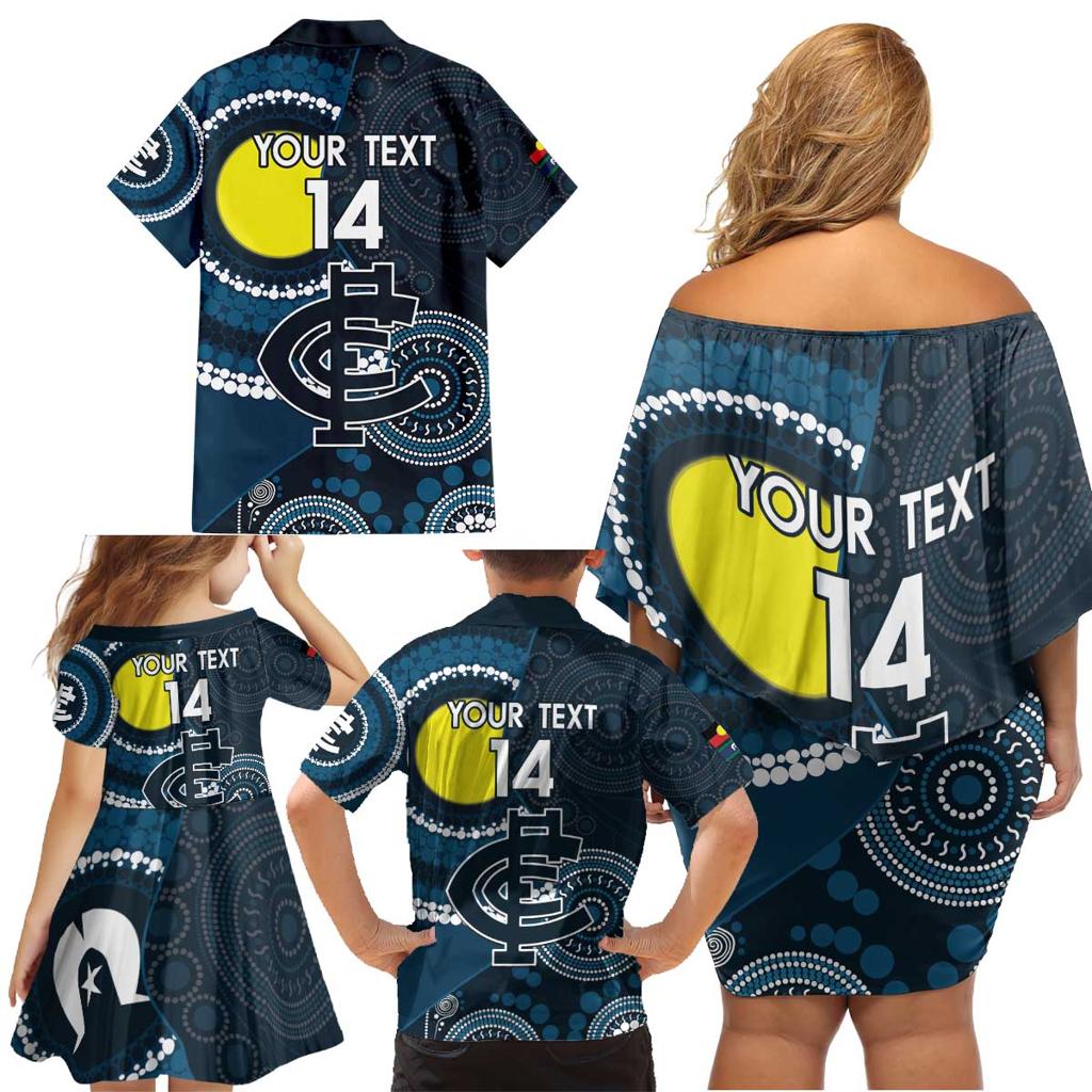 Custom AFL Carlton NAIDOC Week Family Matching Off Shoulder Short Dress and Hawaiian Shirt Keep The Fire Burning Indigenous Art