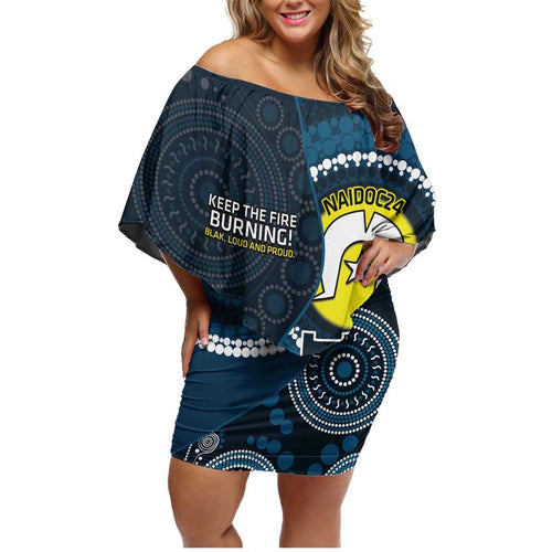 Custom AFL Carlton NAIDOC Week Family Matching Off Shoulder Short Dress and Hawaiian Shirt Keep The Fire Burning Indigenous Art