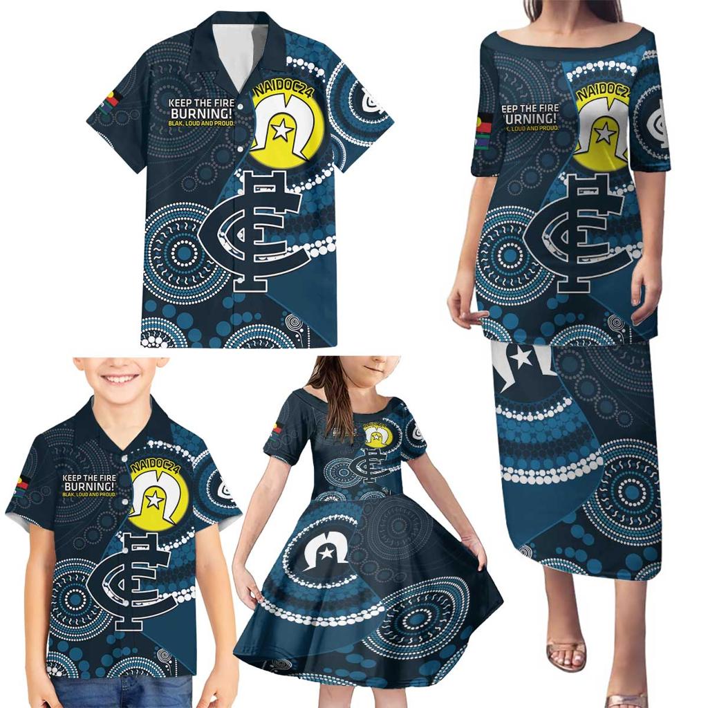 Custom AFL Carlton NAIDOC Week Family Matching Puletasi and Hawaiian Shirt Keep The Fire Burning Indigenous Art