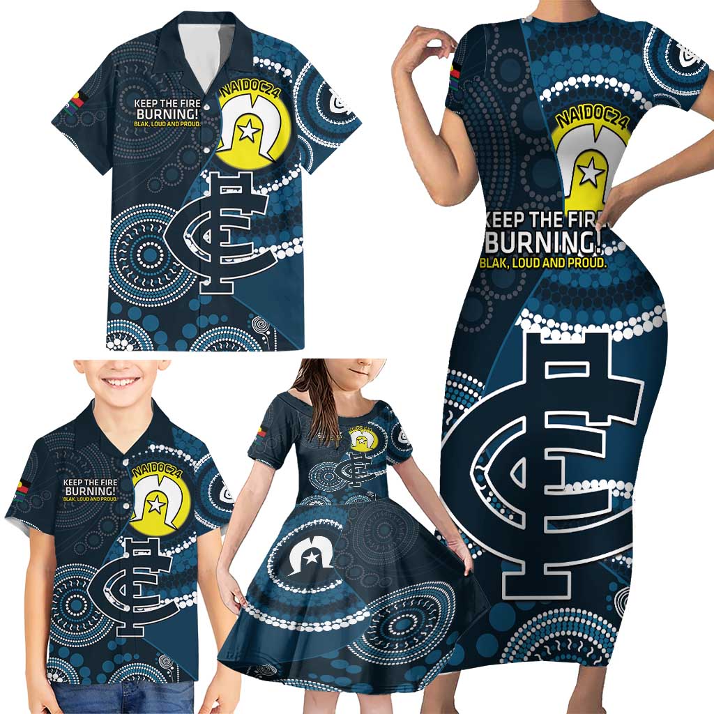 Custom AFL Carlton NAIDOC Week Family Matching Short Sleeve Bodycon Dress and Hawaiian Shirt Keep The Fire Burning Indigenous Art