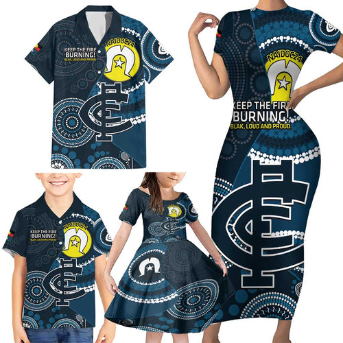 Custom AFL Carlton NAIDOC Week Family Matching Short Sleeve Bodycon Dress and Hawaiian Shirt Keep The Fire Burning Indigenous Art