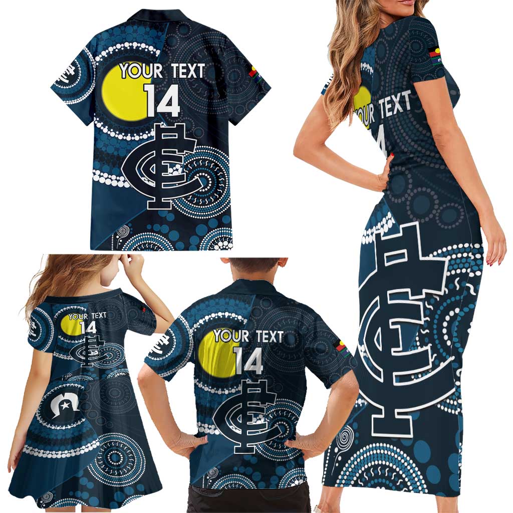Custom AFL Carlton NAIDOC Week Family Matching Short Sleeve Bodycon Dress and Hawaiian Shirt Keep The Fire Burning Indigenous Art