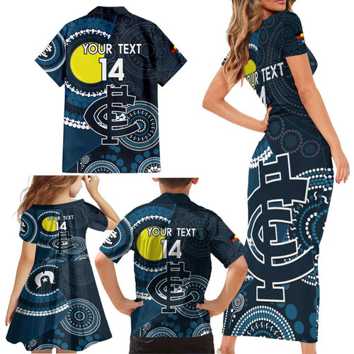 Custom AFL Carlton NAIDOC Week Family Matching Short Sleeve Bodycon Dress and Hawaiian Shirt Keep The Fire Burning Indigenous Art
