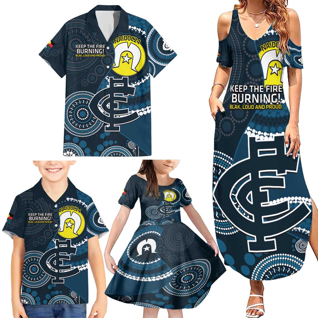 Custom AFL Carlton NAIDOC Week Family Matching Summer Maxi Dress and Hawaiian Shirt Keep The Fire Burning Indigenous Art