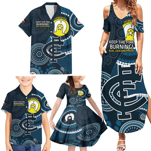 Custom AFL Carlton NAIDOC Week Family Matching Summer Maxi Dress and Hawaiian Shirt Keep The Fire Burning Indigenous Art