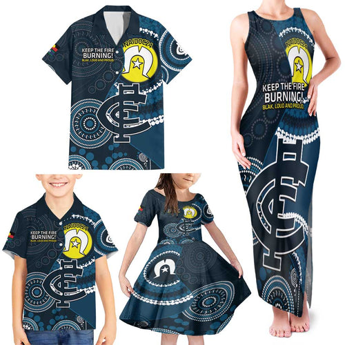 Custom AFL Carlton NAIDOC Week Family Matching Tank Maxi Dress and Hawaiian Shirt Keep The Fire Burning Indigenous Art
