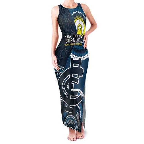 Custom AFL Carlton NAIDOC Week Family Matching Tank Maxi Dress and Hawaiian Shirt Keep The Fire Burning Indigenous Art