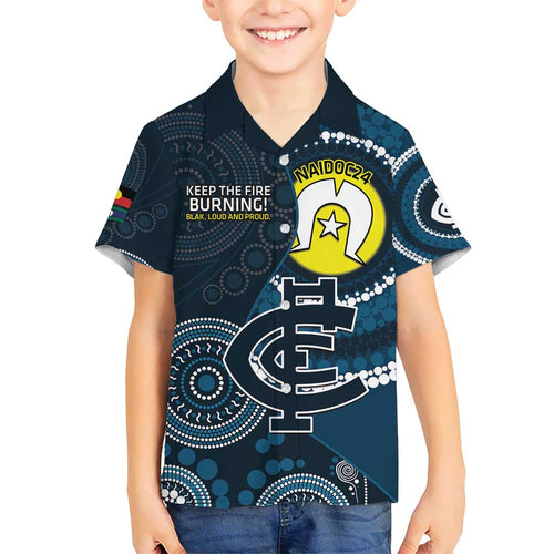 Custom AFL Carlton NAIDOC Week Kid Hawaiian Shirt Keep The Fire Burning Indigenous Art