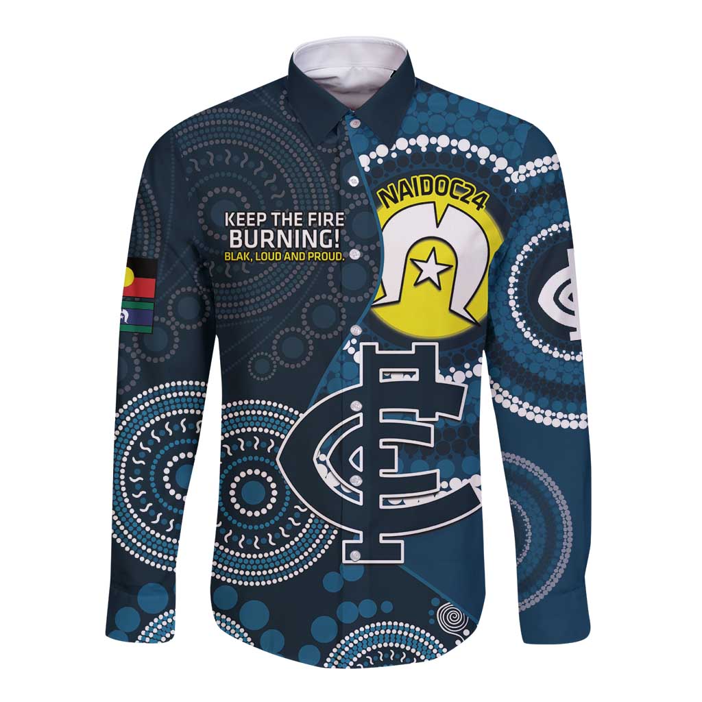 Custom AFL Carlton NAIDOC Week Long Sleeve Button Shirt Keep The Fire Burning Indigenous Art