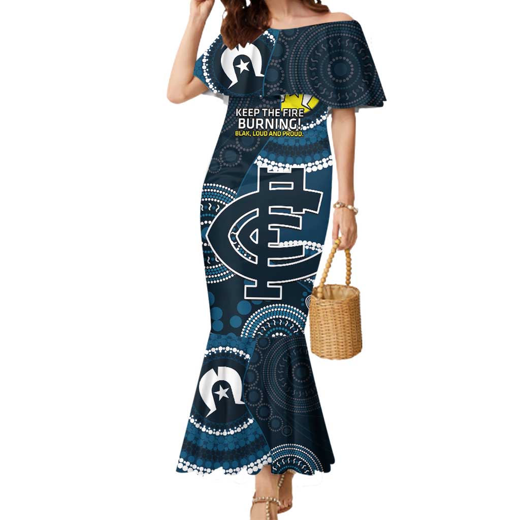 Custom AFL Carlton NAIDOC Week Mermaid Dress Keep The Fire Burning Indigenous Art