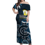 Custom AFL Carlton NAIDOC Week Off Shoulder Maxi Dress Keep The Fire Burning Indigenous Art