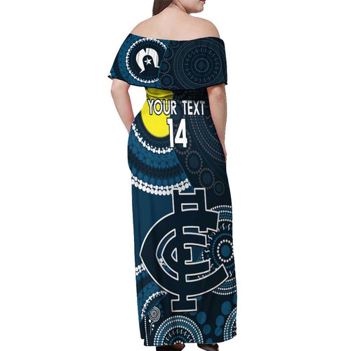 Custom AFL Carlton NAIDOC Week Off Shoulder Maxi Dress Keep The Fire Burning Indigenous Art