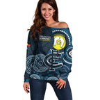 Custom AFL Carlton NAIDOC Week Off Shoulder Sweater Keep The Fire Burning Indigenous Art
