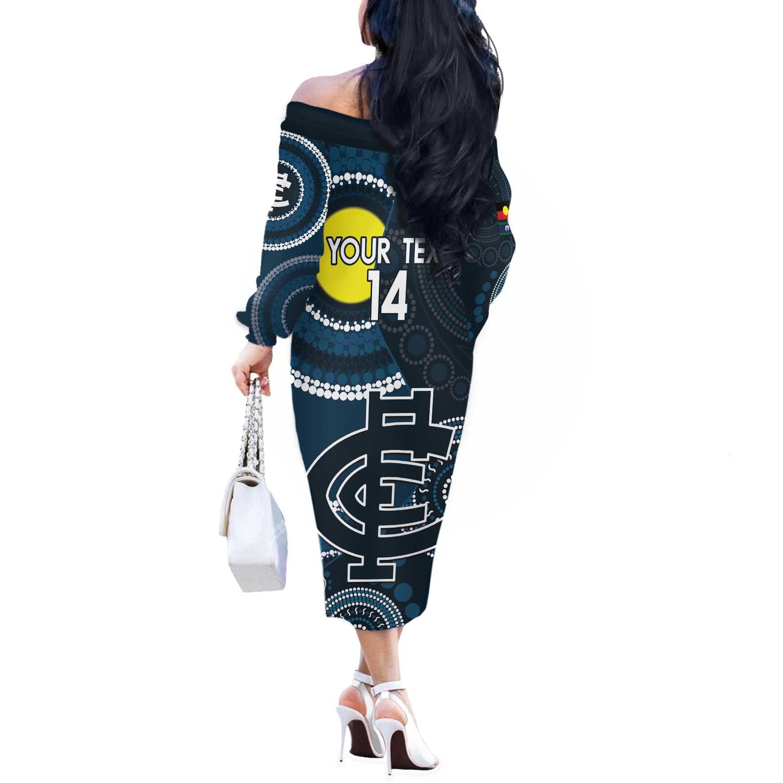 Custom AFL Carlton NAIDOC Week Off The Shoulder Long Sleeve Dress Keep The Fire Burning Indigenous Art