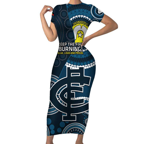 Custom AFL Carlton NAIDOC Week Short Sleeve Bodycon Dress Keep The Fire Burning Indigenous Art