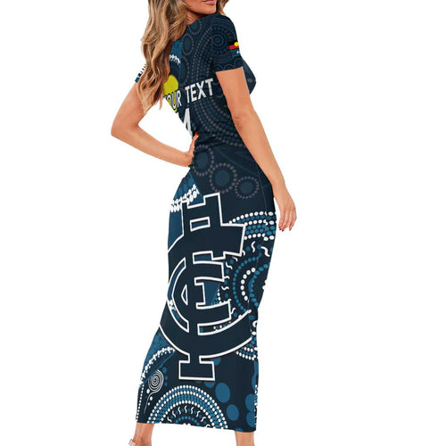Custom AFL Carlton NAIDOC Week Short Sleeve Bodycon Dress Keep The Fire Burning Indigenous Art
