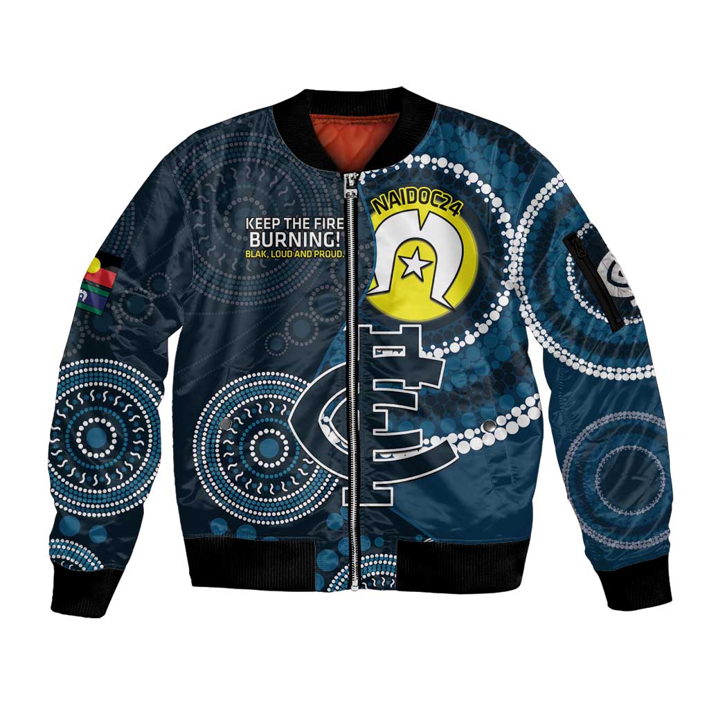 Custom AFL Carlton NAIDOC Week Sleeve Zip Bomber Jacket Keep The Fire Burning Indigenous Art