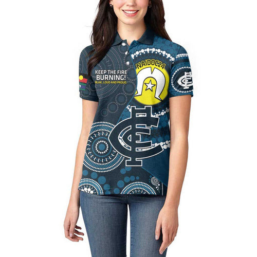 Custom AFL Carlton NAIDOC Week Women Polo Shirt Keep The Fire Burning Indigenous Art