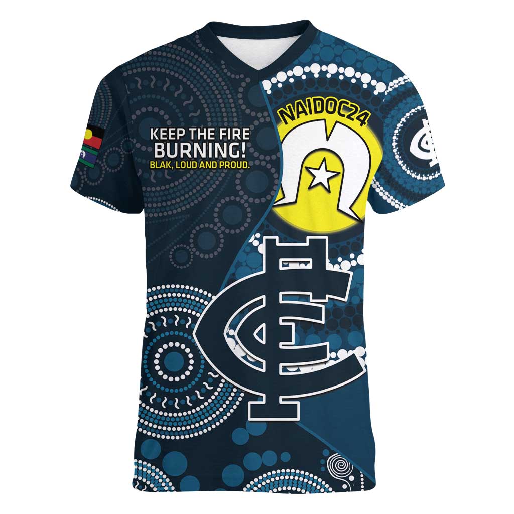 Custom AFL Carlton NAIDOC Week Women V-Neck T-Shirt Keep The Fire Burning Indigenous Art