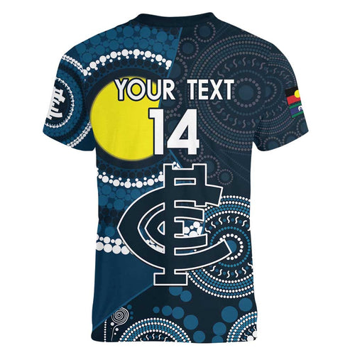 Custom AFL Carlton NAIDOC Week Women V-Neck T-Shirt Keep The Fire Burning Indigenous Art