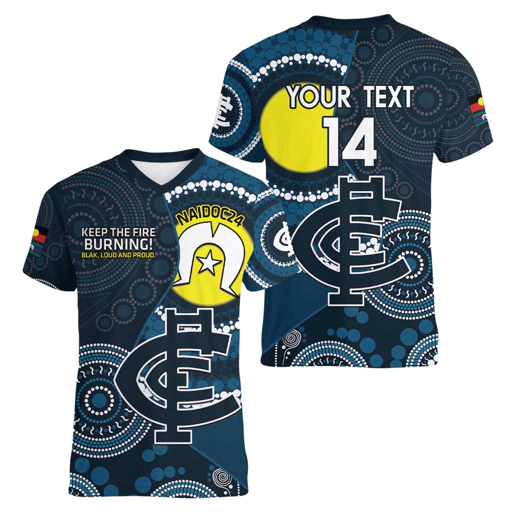 Custom AFL Carlton NAIDOC Week Women V-Neck T-Shirt Keep The Fire Burning Indigenous Art