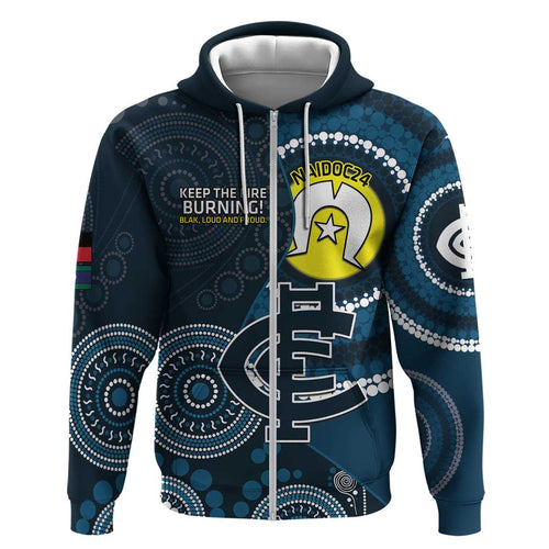 Custom AFL Carlton NAIDOC Week Zip Hoodie Keep The Fire Burning Indigenous Art