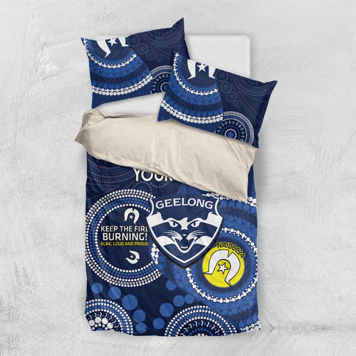 Custom AFL Geelong NAIDOC Week Bedding Set Keep The Fire Burning Indigenous Art