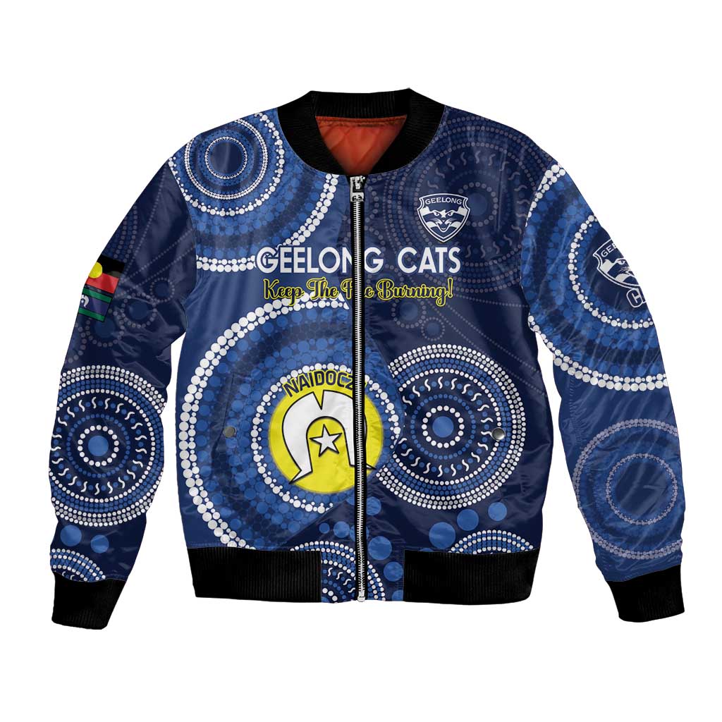 Custom AFL Geelong NAIDOC Week Bomber Jacket Keep The Fire Burning Indigenous Art