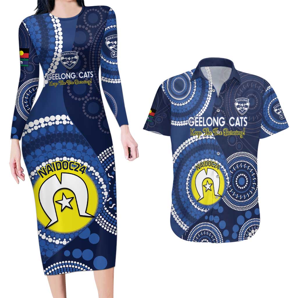 Custom AFL Geelong NAIDOC Week Couples Matching Long Sleeve Bodycon Dress and Hawaiian Shirt Keep The Fire Burning Indigenous Art