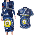 Custom AFL Geelong NAIDOC Week Couples Matching Long Sleeve Bodycon Dress and Hawaiian Shirt Keep The Fire Burning Indigenous Art