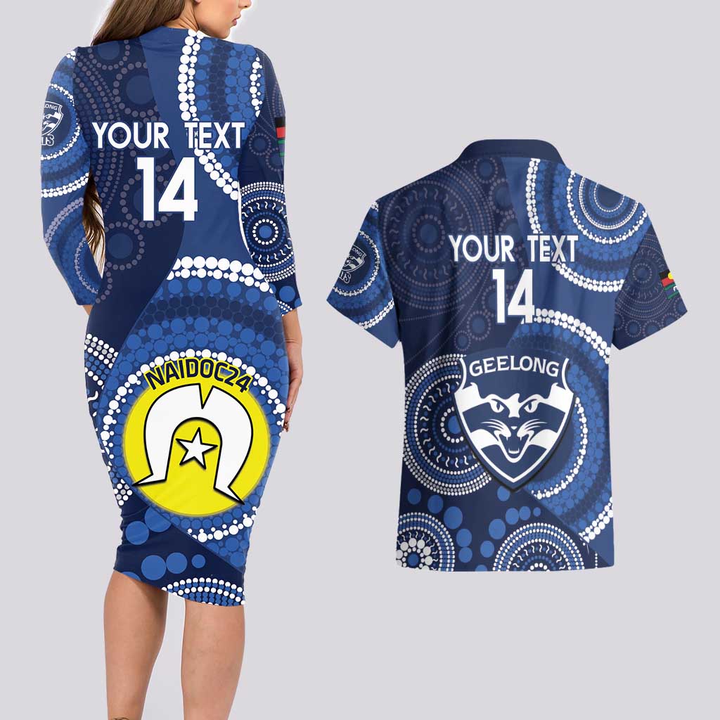 Custom AFL Geelong NAIDOC Week Couples Matching Long Sleeve Bodycon Dress and Hawaiian Shirt Keep The Fire Burning Indigenous Art