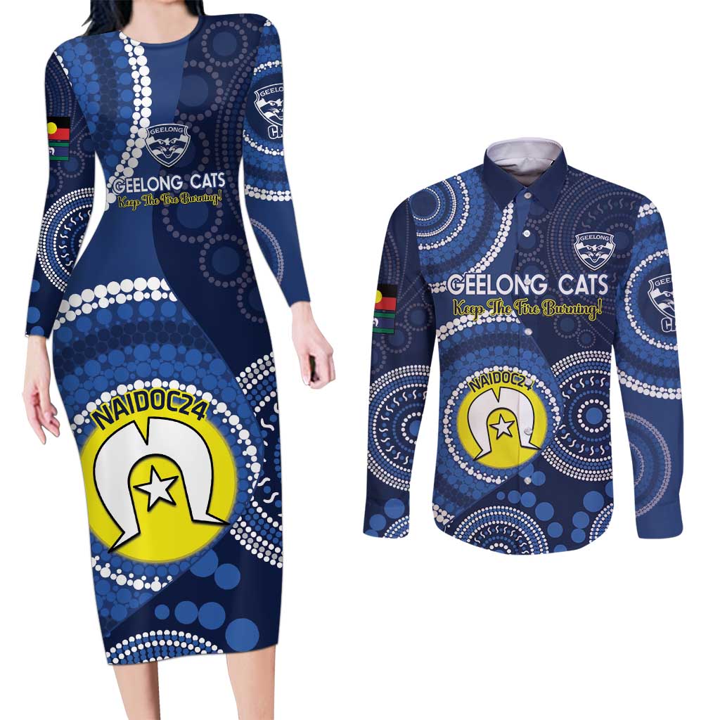 Custom AFL Geelong NAIDOC Week Couples Matching Long Sleeve Bodycon Dress and Long Sleeve Button Shirt Keep The Fire Burning Indigenous Art