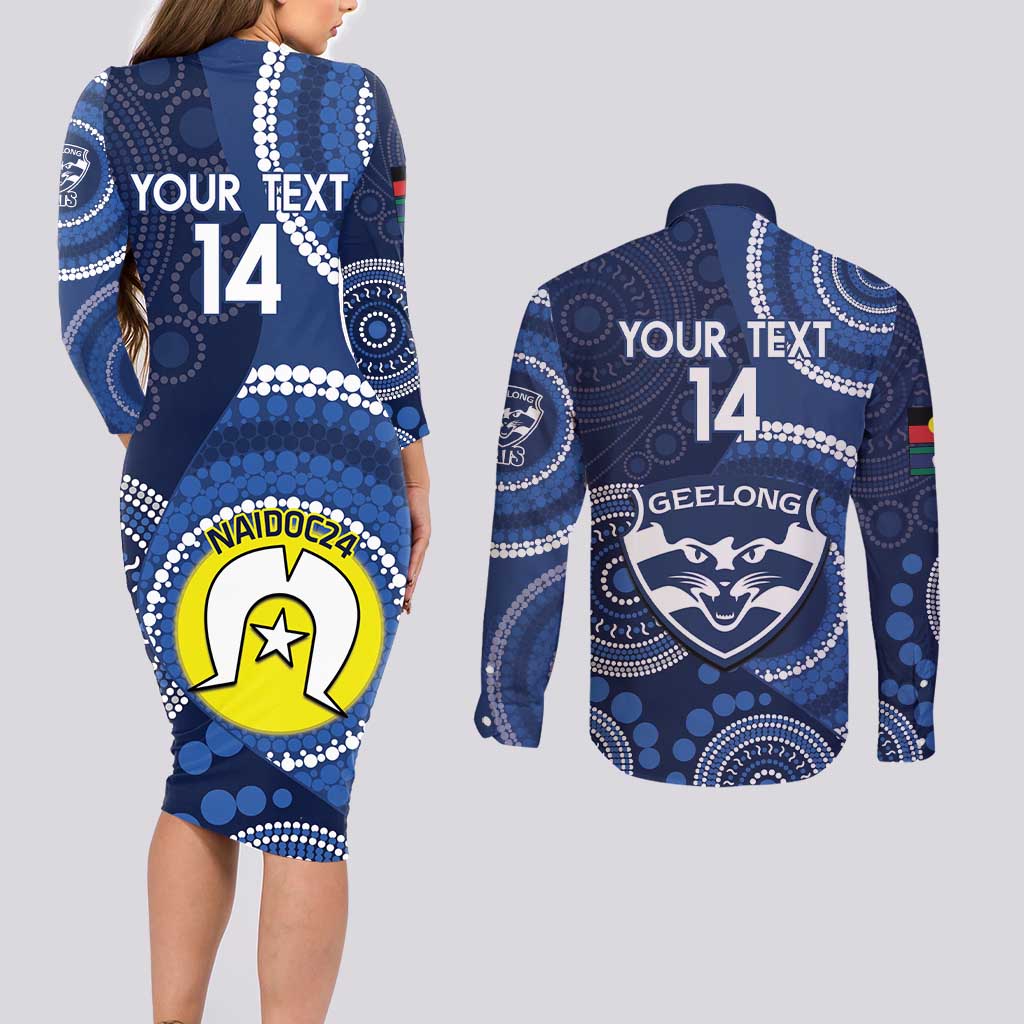 Custom AFL Geelong NAIDOC Week Couples Matching Long Sleeve Bodycon Dress and Long Sleeve Button Shirt Keep The Fire Burning Indigenous Art