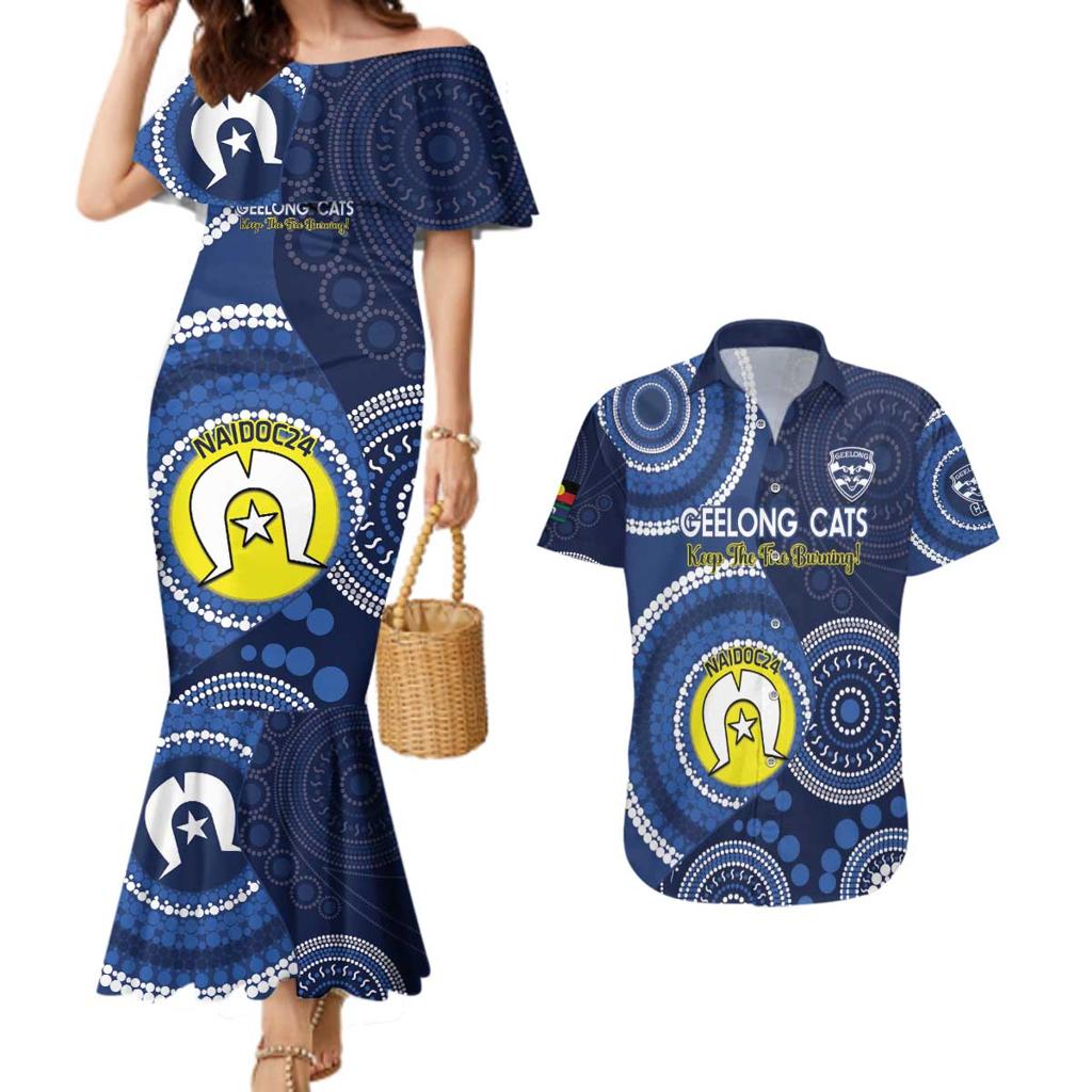 Custom AFL Geelong NAIDOC Week Couples Matching Mermaid Dress and Hawaiian Shirt Keep The Fire Burning Indigenous Art