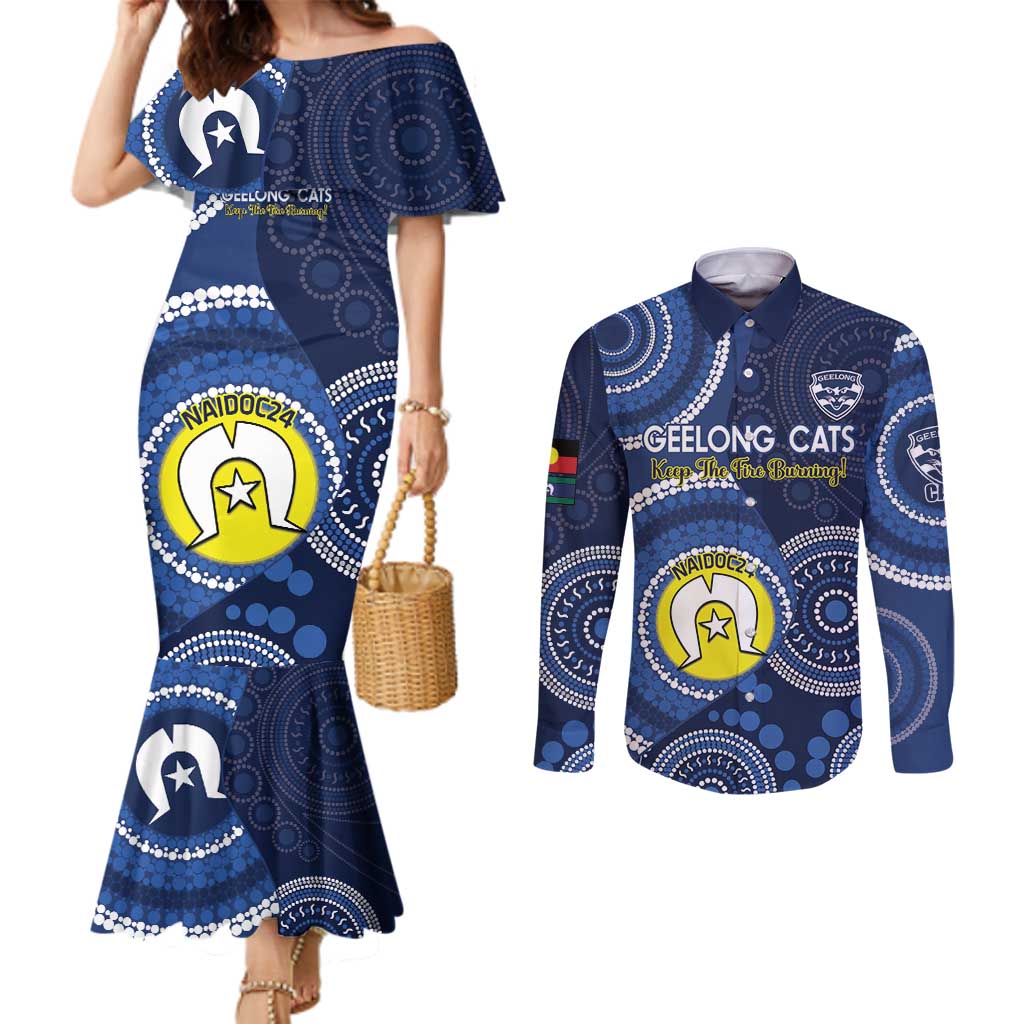 Custom AFL Geelong NAIDOC Week Couples Matching Mermaid Dress and Long Sleeve Button Shirt Keep The Fire Burning Indigenous Art