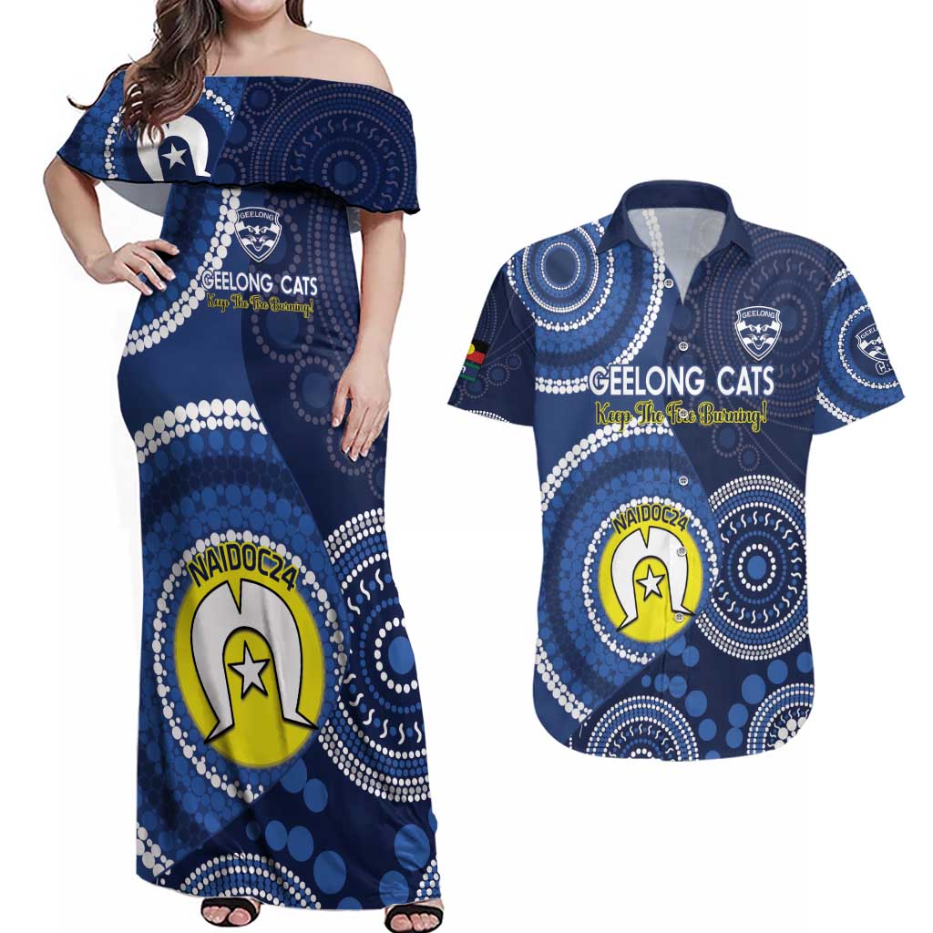 Custom AFL Geelong NAIDOC Week Couples Matching Off Shoulder Maxi Dress and Hawaiian Shirt Keep The Fire Burning Indigenous Art