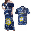 Custom AFL Geelong NAIDOC Week Couples Matching Off Shoulder Maxi Dress and Hawaiian Shirt Keep The Fire Burning Indigenous Art