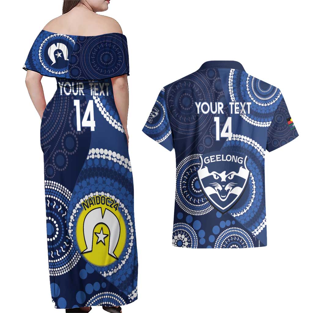Custom AFL Geelong NAIDOC Week Couples Matching Off Shoulder Maxi Dress and Hawaiian Shirt Keep The Fire Burning Indigenous Art