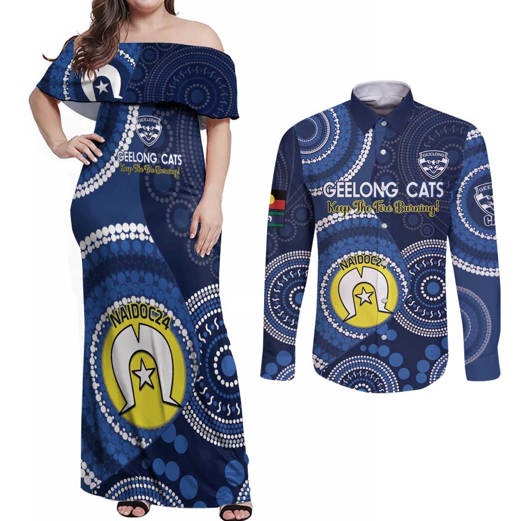 Custom AFL Geelong NAIDOC Week Couples Matching Off Shoulder Maxi Dress and Long Sleeve Button Shirt Keep The Fire Burning Indigenous Art