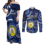 Custom AFL Geelong NAIDOC Week Couples Matching Off Shoulder Maxi Dress and Long Sleeve Button Shirt Keep The Fire Burning Indigenous Art
