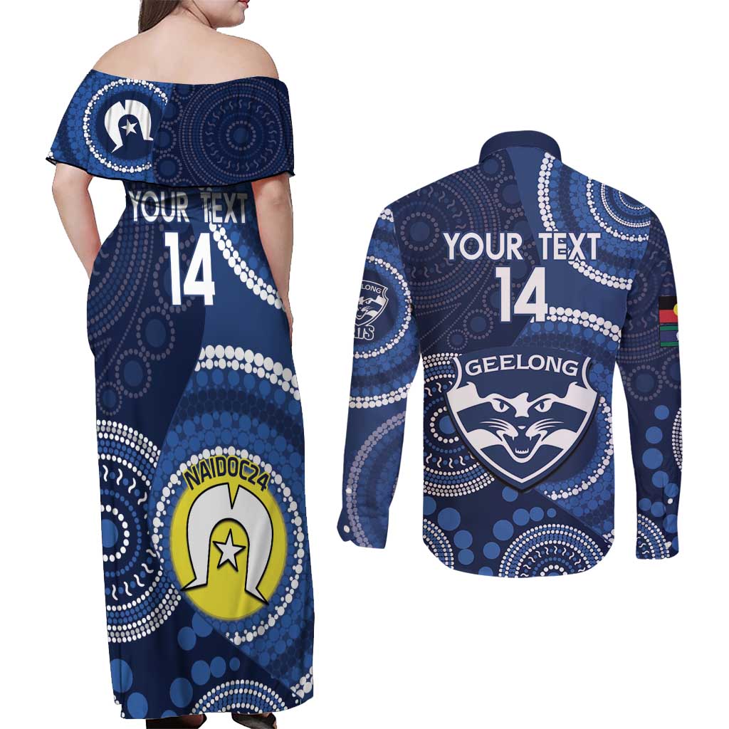 Custom AFL Geelong NAIDOC Week Couples Matching Off Shoulder Maxi Dress and Long Sleeve Button Shirt Keep The Fire Burning Indigenous Art