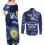 Custom AFL Geelong NAIDOC Week Couples Matching Off Shoulder Maxi Dress and Long Sleeve Button Shirt Keep The Fire Burning Indigenous Art