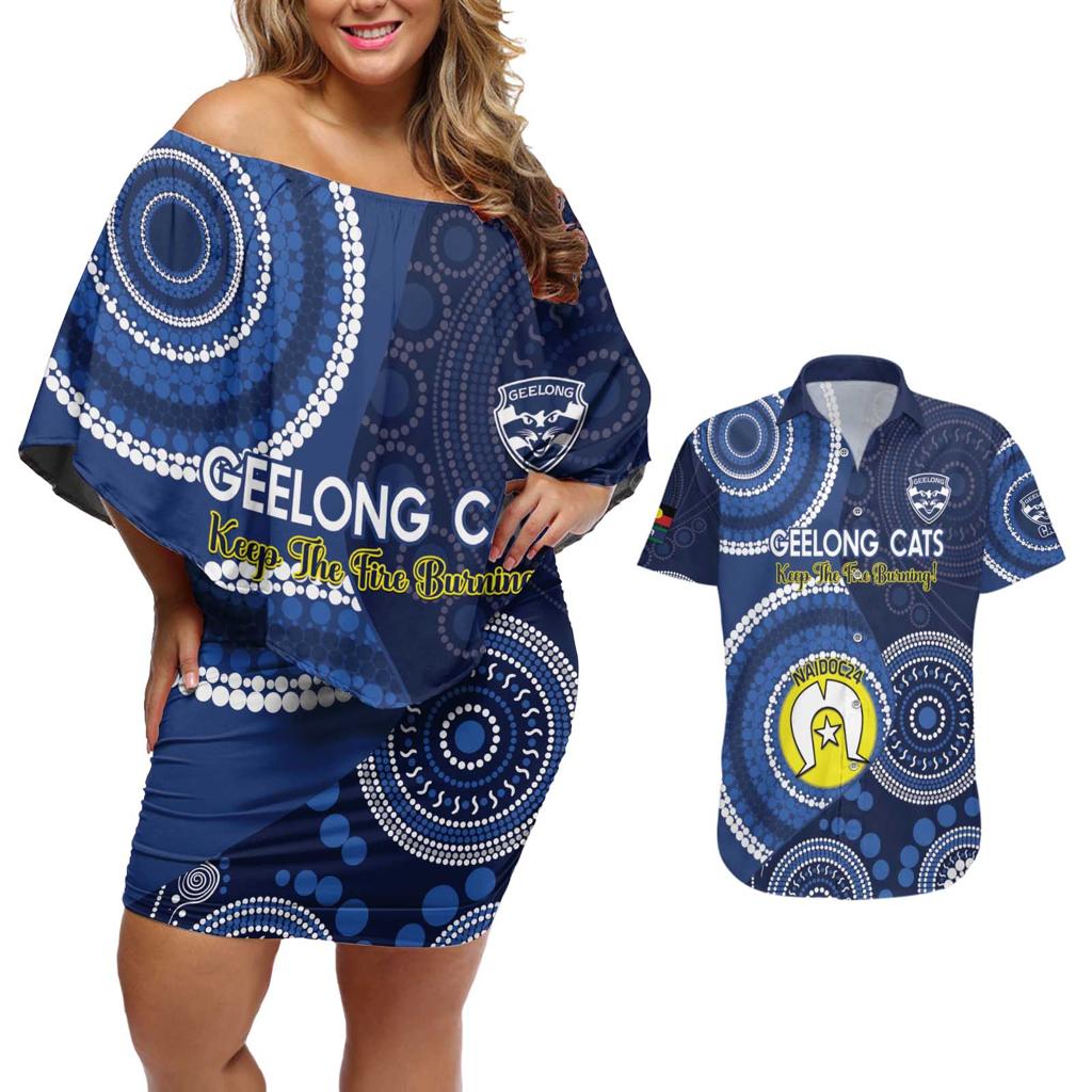 Custom AFL Geelong NAIDOC Week Couples Matching Off Shoulder Short Dress and Hawaiian Shirt Keep The Fire Burning Indigenous Art