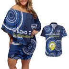 Custom AFL Geelong NAIDOC Week Couples Matching Off Shoulder Short Dress and Hawaiian Shirt Keep The Fire Burning Indigenous Art