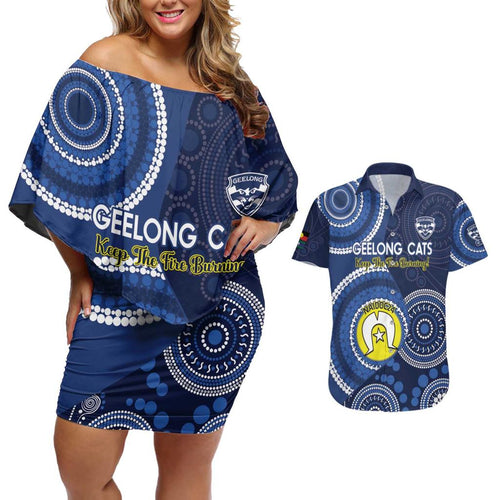 Custom AFL Geelong NAIDOC Week Couples Matching Off Shoulder Short Dress and Hawaiian Shirt Keep The Fire Burning Indigenous Art