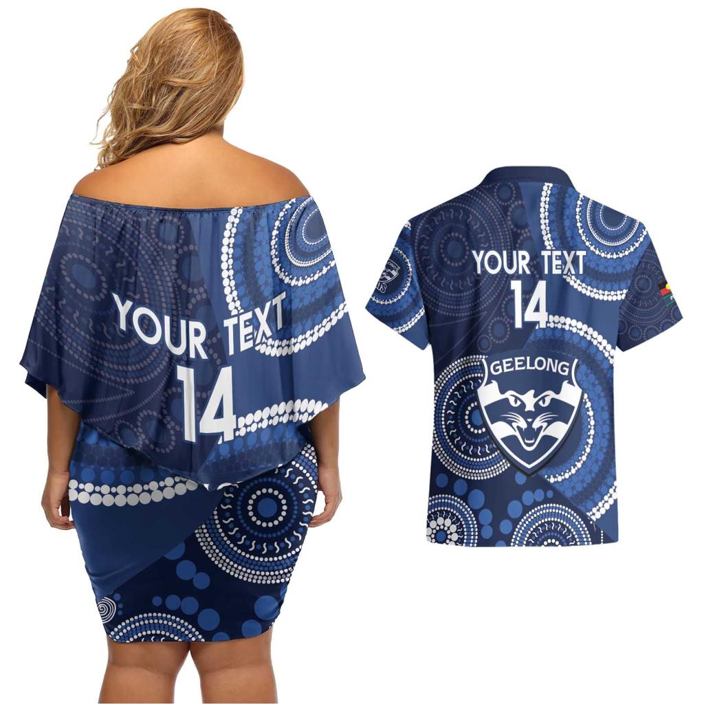 Custom AFL Geelong NAIDOC Week Couples Matching Off Shoulder Short Dress and Hawaiian Shirt Keep The Fire Burning Indigenous Art