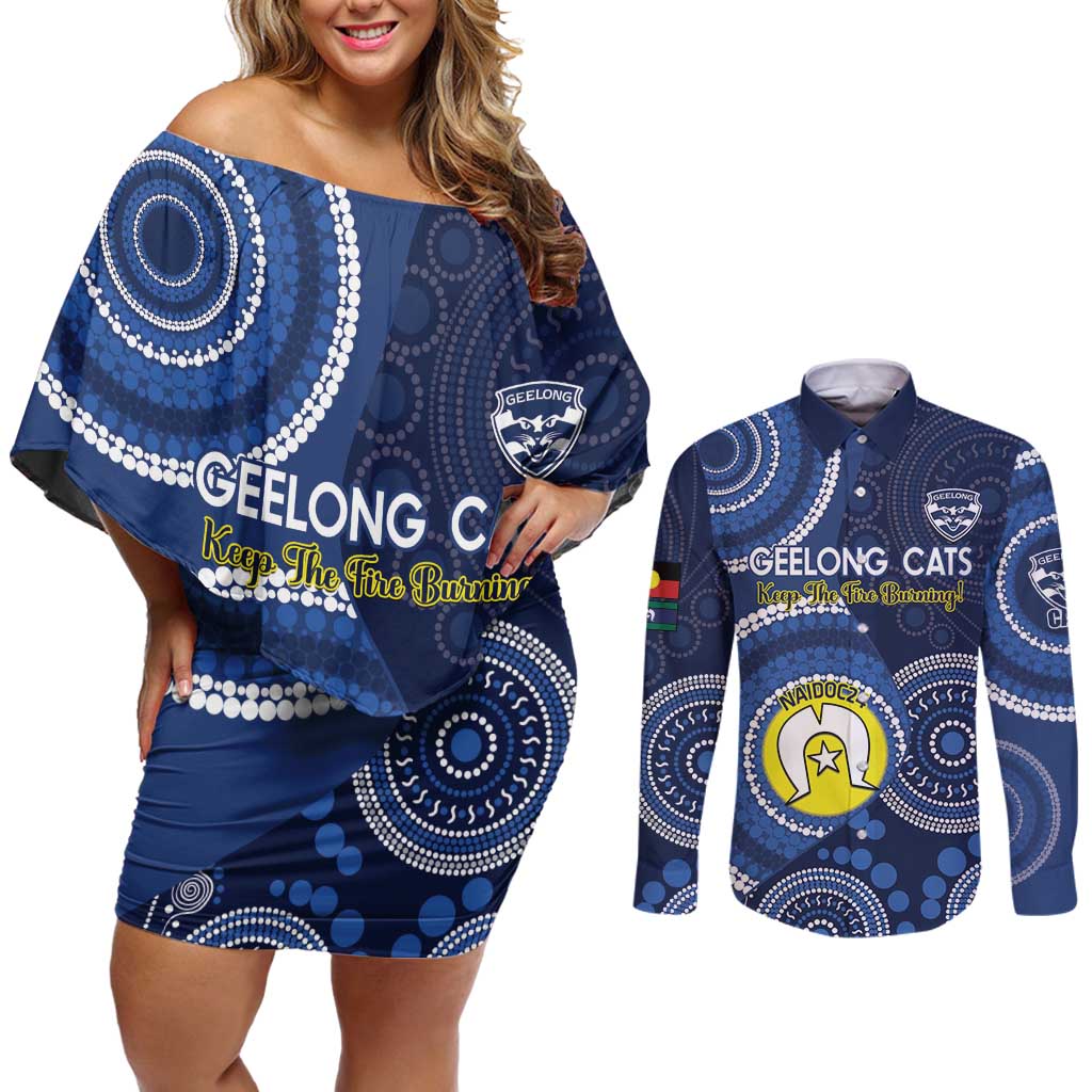 Custom AFL Geelong NAIDOC Week Couples Matching Off Shoulder Short Dress and Long Sleeve Button Shirt Keep The Fire Burning Indigenous Art