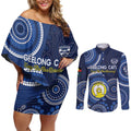 Custom AFL Geelong NAIDOC Week Couples Matching Off Shoulder Short Dress and Long Sleeve Button Shirt Keep The Fire Burning Indigenous Art